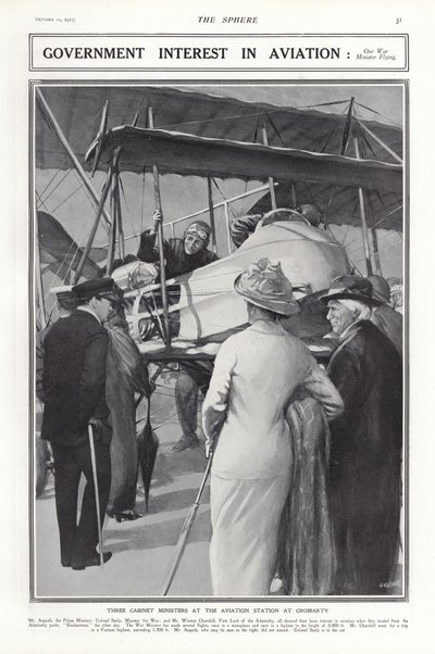 Kolonel J A B Seely, staatssecretaris van Oorlog, bestuurt een vliegtuig, Cromarty Aviation Station, Schotland, 1913 door Addison Thomas Millar